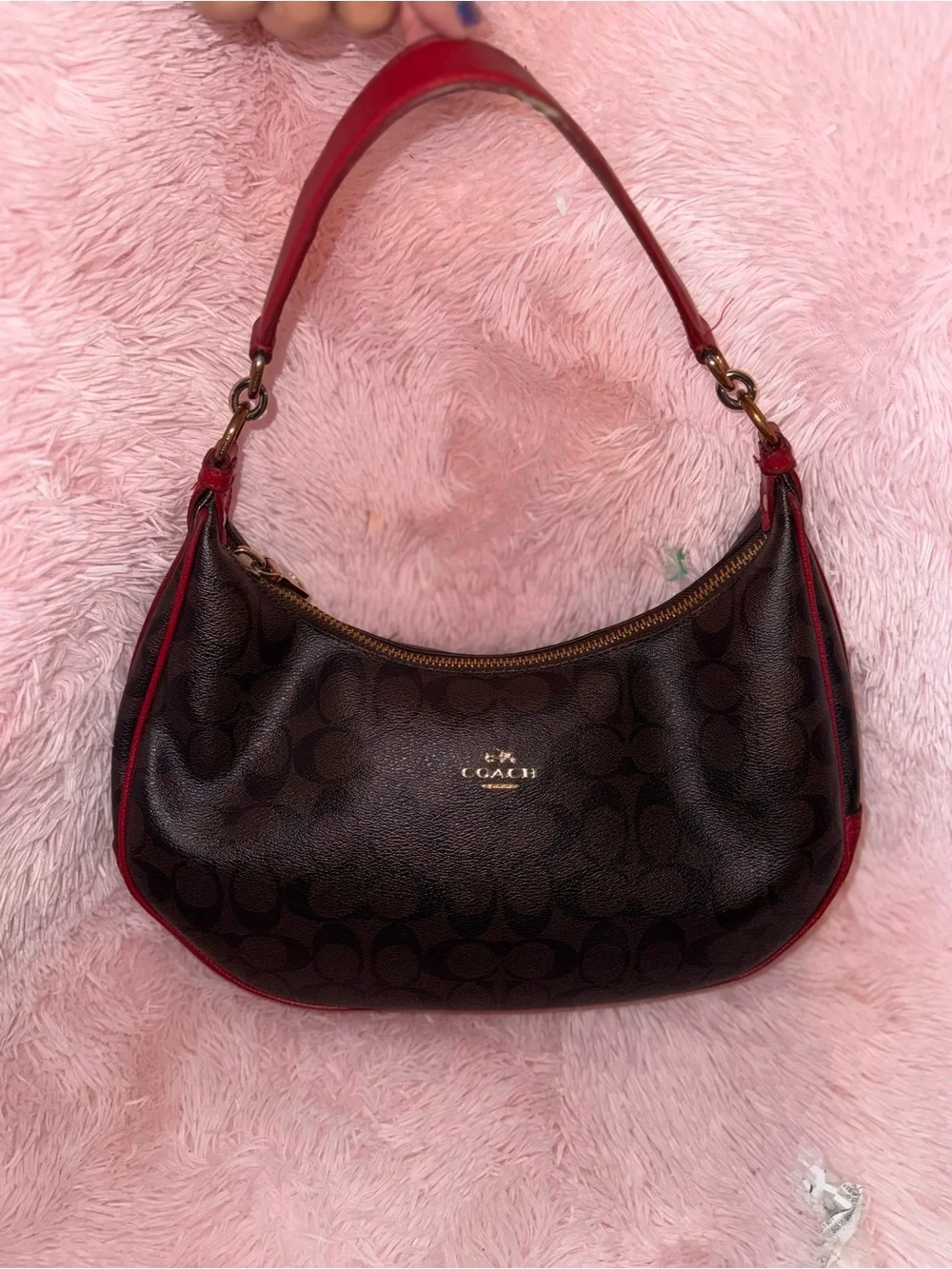Coach Brown Signature Shoulder Bag with Red Trim